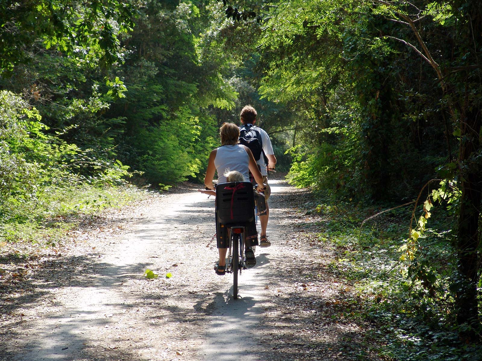 Couple de cyclistes sur un chemin cyclable dans la forêt à Oléron