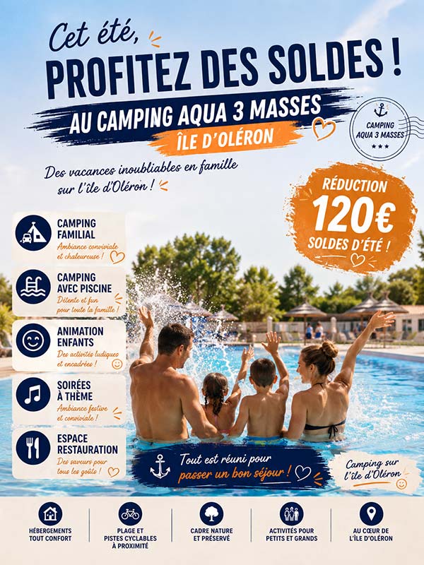 Offre soldes 2026 vacances à Oléron camping Aqua 3 Masses