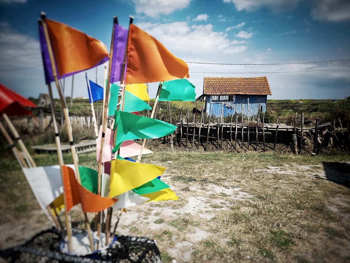 Drapeaux sur un site de pêche en Charente Maritime